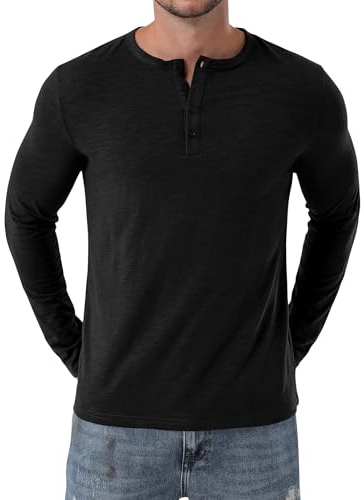 PARKLEES Men's Henley Shirt Casual Muscle Slim-Fit Workout Athletic Long-Sleeve T-Shirts Black Large