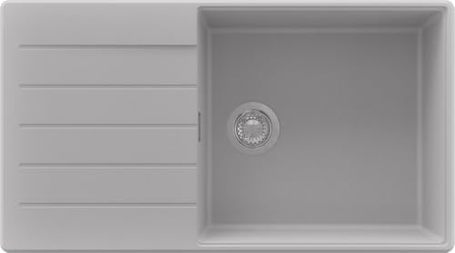 PRIMAGRAN Evier Cuisine en Granit au Meuble 60cm + Kit de Vidage, 90x50cm | Set: Kit de Vidage (Siphon, bonde d’évacuation, trop-plein) + Lavabo 1 Bac - Copenhague Top, Gris