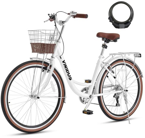 VIRIBUS Womens Bike, 7 Speed Beach Cruiser Bike for Women, Step Through Bicycle 26 with Basket and Rack for City Commuter, Bicycle for Female Ladies Seniors 330 lb.