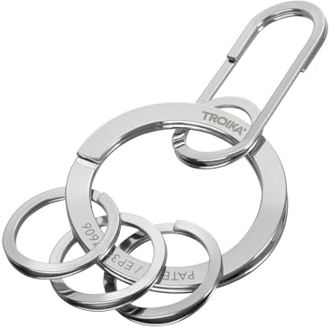 Troika Nail Guard Easy Keyring with Carabiner Hook with 3 Rings for Easy Attachment of Keys with Patented Opening Mechanism Made of Stainless Steel Shiny Silver