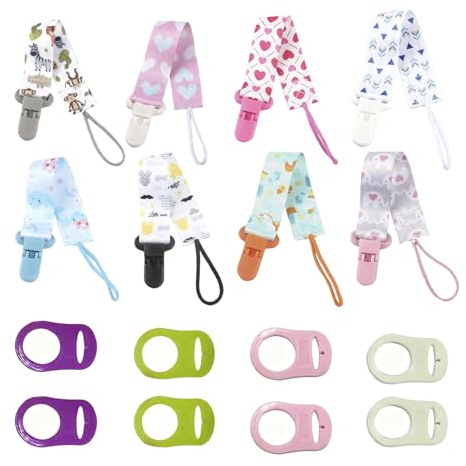 8 Set Dummy Clips and Pacifier Chains for Baby Boys, Silicone Adapter Soother Holder, Teething Toy Baby Shower, Anti-Lost Soother Chain for Newborn, Button Ring Adapters Fits All Pacifiers
