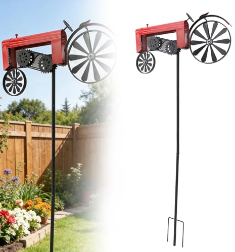 Tractor Wind Spinner Vintage Metal Garden Stake, Rustic Farm Windmill Decoration with Iron Wheels, Kinetic Outdoor Yard Lawn Flower Bed Decor, Weather Vane Style Wind Spinner for Patio (Red)
