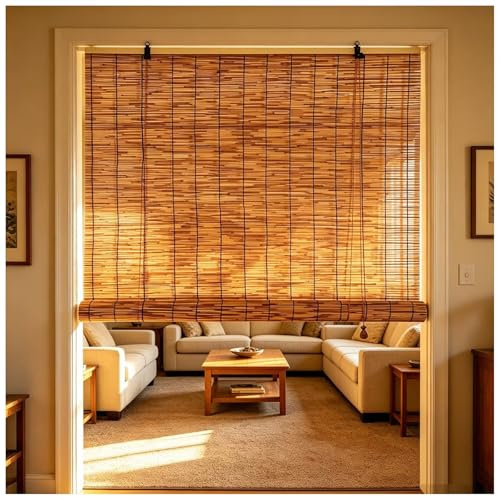 Tenda in bambù con cordino e meccanismo di sollevamento W150 x H250cm (59x98in) Come tenda a rullo per Uso interno ed esterno,con funzione di schermatura per la privacy e filtraggio della luce Marrone