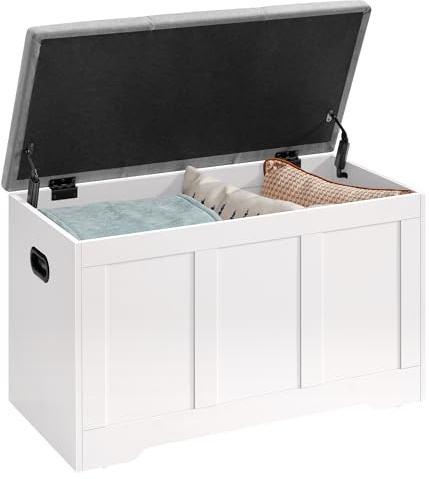 VASAGLE Truhe mit Deckel, Truhenbank mit Stauraum, 41 x 81 x 49 cm | Schuhbank, 2 Sicherheitsscharniere, Traditioneller Stil, wolkenweiss-taubengrau, SIREN Kollektion LSB067W101