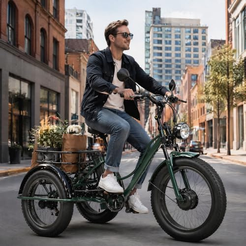 ZRLYbau Tricycle Cargo Électrique Adulte, Trike 24 Pouces Pneus Larges 3 Roues, 7 Vitesses avec Panier Arrière, Moteur Couple Élevé, Châssis Robuste pour Courses et Balades Green
