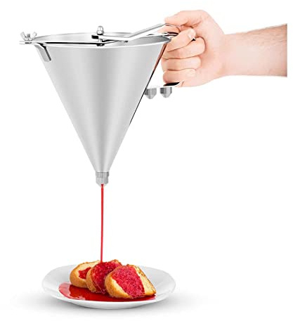 Royal Catering RCOF-2 Fülltrichter Edelstahl Trichter 2 L Likörtrichter Gebäckfüller Parlinenfüller (verschließbarer Auslauf, 3 Füllspitzen Ø 4/5/6 mm, inkl. Ablageständer)