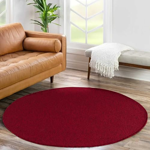 HomebyHome Tapis Salon Moderne Rouge 160 cm Rond - Tapis Poil Court Salle de Séjour Couleur Unie Extra Doux et Moelleux - Unicolore Tapis Lavable pour Chambre, Salon et Cuisine