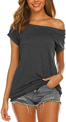 Lalala t-shirt damer sommar axellös topp ledig långärmad/kortärmad blus skjortor, A-mörkgrå, XL