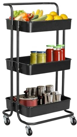Hyfive 3 Tier Trolley Storage Cart On Wheels - Kitchen & Bathroom Utility Cart, Beauty & Hairdresser Trolley (BLACK) - Elderly Friendly