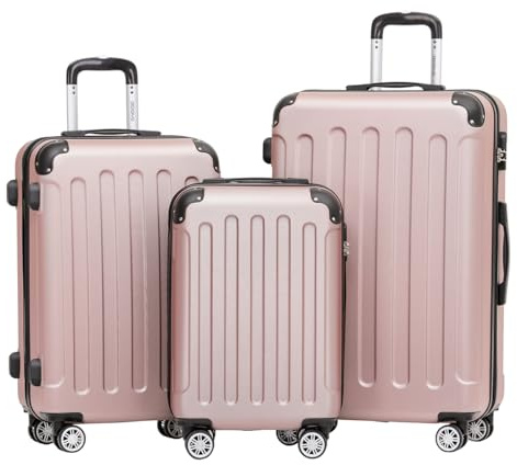 BEIBYE- Hartschalenkoffer Koffer Trolley Rollkoffer Reisekoffer Zahlenschloß 4 Zwilings-Rollen (Rosa-Gold, Koffer-Set)