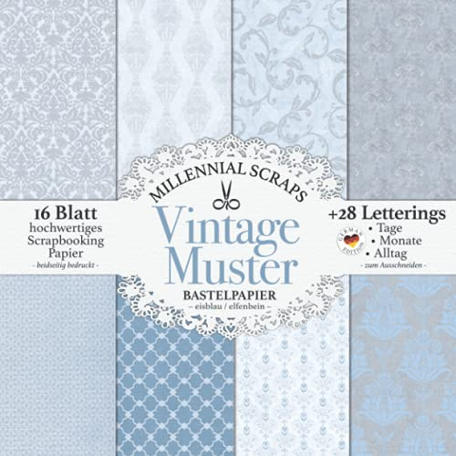 Vintage Muster Bastelpapier – Eisblau / Elfenbein –: Scrapbooking Papier & Zubehör I Zum Ausschneiden I Mit Letterings I Junk Journal Dekor I Geschenk für Bastelfreunde I Karten Basteln DIY