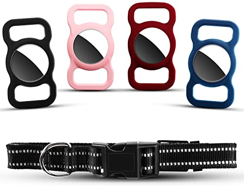 4 Stück Airtag Hülle Kompatibel mit Apple Airtag, Airtag Case with 1 Stück Hundehalsband, für Hund Katzenhalsband und Kinder Schultasche