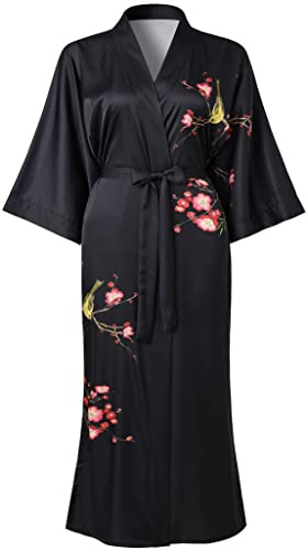Ledamon Damen Plus Größe Kimono Robe lang für Frauen - Tasche Floral Bademantel Nachthemd (Schwarz)