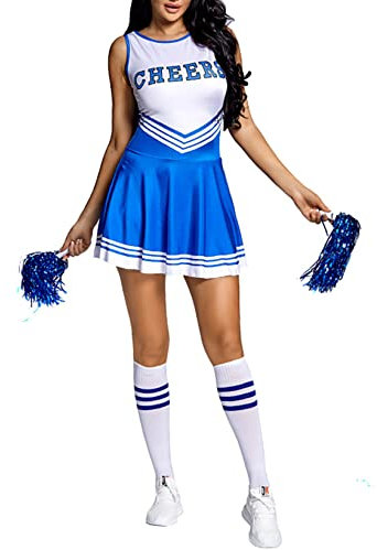 Zaldita Damen Cheer Leader Kostüm Ärmellos Cheerleading Minikleid mit Pompons + Socken High School Uniform Party Cosplay Outfit Blau M
