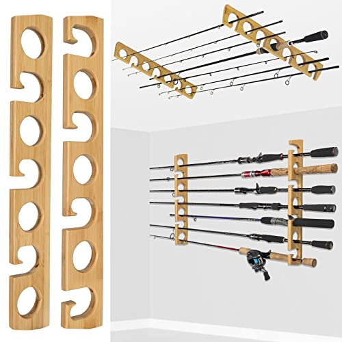 THKFISH Rutenständer Angelruten Angelrutenhalter für Garage Holz Angelstange Wand Rack Store 7 Angelrute Combos,1 Paar Horizontale oder Deckenstangen Rack