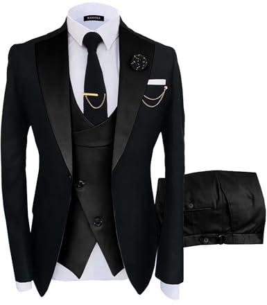 Wangyue Black Suits for Men 3 Piece Slim Fit Suits Tuxedo for Men Black Double Breasted Wedding Prom Tuxedo Elegant Business Formal Dinner Party Notch Lapel One Button,Large