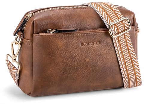 BOSTANTEN Small Crossbody Purse for Women Triple Zip Cell Phone Leather Shoulder Handbag with Wide Guitar Strap Brown