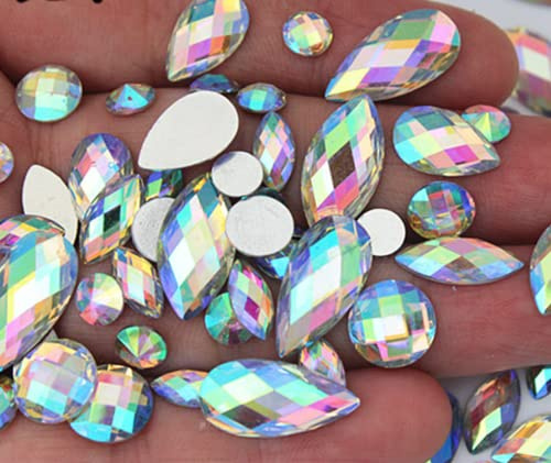 Flat Back Rhinestone Mix 4mm 8mm 14mm 15mm Teardrop Round Horse Eye Assorted AB Bead Diamond Gem Large Small Bag Crystal Teardrop Pear Nail Art Rhinestones Small Medium AB Iridescent (50 Pack Set)