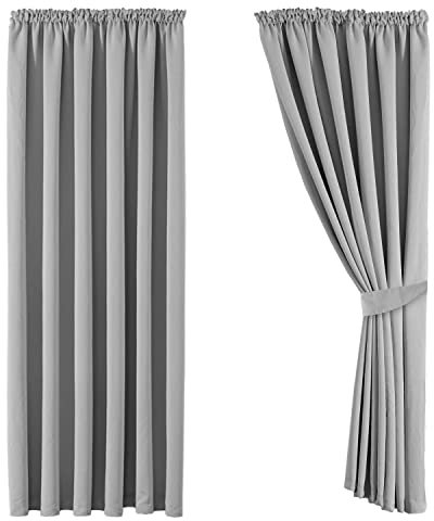 Aspire Homeware Blackout Curtains for Living Room Pencil Pleat Light Grey Bedroom Curtains Tape Top 66 x 72 Drop Super Soft Thermal Insulated Window Curtain Drapes Pair Panel + Tiebacks
