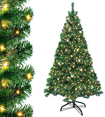 Aufun Sapin de Noël Artificiel avec Éclairage 350 LED Blanc Chaud avec Support en Métal 820 Pointes Sapin de Noël en PVC (210 cm, PVC Vert + LED)