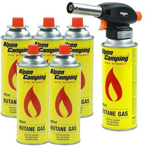 REXXER Gasbrenner Set mit 6 Alpen Camping Isobutankartuschen | 1100 W, Piezozündung, 6 Isobutankartuschen 227 g, bis 1300 °C