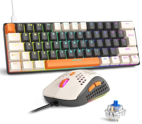 RK-T60 Wired Mechanical Gaming Keyboard and Mouse Combo Portable with Rainbow Backlit 62Key NKRO 6400DPI RGB Honeycomb Mice Coiled Aviator Cable for PS4/PC/WIN Gamer(Dark Gray/Blue Switch)