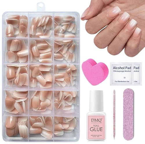 DMQ Ombre Fake Nails with Glue, 240Pcs Nude White Gradient False Nail Tips, Square Press on Nails Short, 15 Sizes Soft Gel Stick on Nail for Nail Extensions DIY