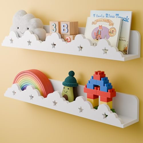 Sumbame Kinderzimmer-Regale für die Wand, 2er-Set, weiße Wolke, schwebendes Bücherregal für Kinder, 61 cm, gewelltes Bilderregal, Ausstellungsregal für Baby-Schlafzimmer, Kinderzimmer,