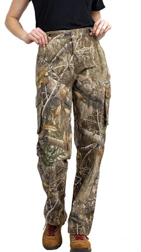 Realtree Women’s Camo Hunting Cargo Pants - Lightweight Cotton 6 Pockets Mid-Rise Slim Fit