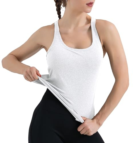 SHEKINI Damsportlinne, topp med integrerad behå utan bygel, ärmlös, ribbad undertröja, bh-skjorta, basic, andas, yoga, fitness, skjorta, sommar, racer, rygg, topp, crop topp, yoga-bh, Vit, S