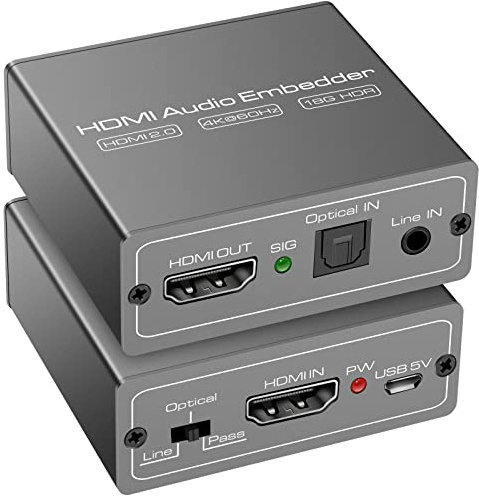 CMSTEDCD HDMI Audio Embedder Inserter Digital Analog Audio + DVI to HDMI Support TOSLINK Optical 3.5mm Jack AUX Sound Input 4K60Hz 18Gbps HDR HDCP2.2