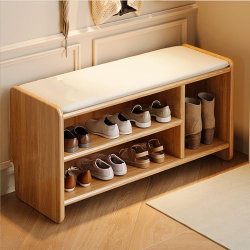 JOSIAHCQ Meuble Chaussure Banc Coffre de Rangement Banc Chaussures Entrée Banquette Coffre Etagere Chaussure Chaise Coiffeuse Bout de Lit avec Coussin pour Salon Chambre Entree(Wood Color,80cm)