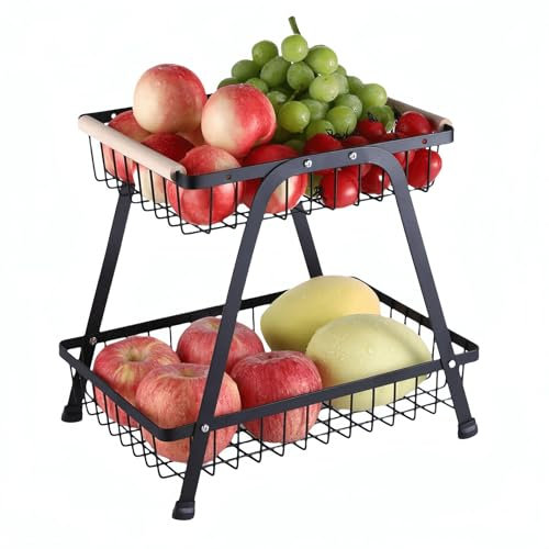 JUNYFFF Cesto di Frutta A 2 Livelli Staccabile A Due Piani Cesto di Frutta,Cesto Frutta in Metallo con Manico in Legno per Frutta Verdura, Cesto di Frutta Fresca per Casa Cucina Ufficio