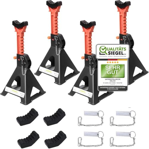 Melko Unterstellbock Stützbock 4-teilig 3000 kg höhenverstellbar 28-42,5 cm | inkl. Sicherungssplint und 4 Gummiauflagen, 9-stufig verstellbar, aus Gusseisen und Stahl, für Reifenwechsel und Ölwechsel