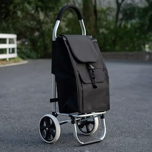 Faboer 2 Wheels Shopping Trolley Lightweight Folding Shopping Cart Aluminum Alloy Frame on Big with Wheels, Detachable shopping Bag with Large Pocket Compartment, Max Capacity 45kg/49L - Black