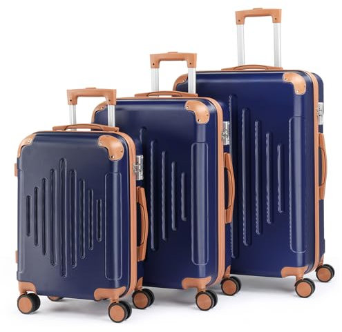 LEADZM Kofferset 3 teilig, Reisekoffer Set mit Eckenschutz, Koffer Set Hartschalen-Trolley aus ABS mit Teleskopgriff, Handgepäck, Kontrastfarben-Design (Dunkelblau)