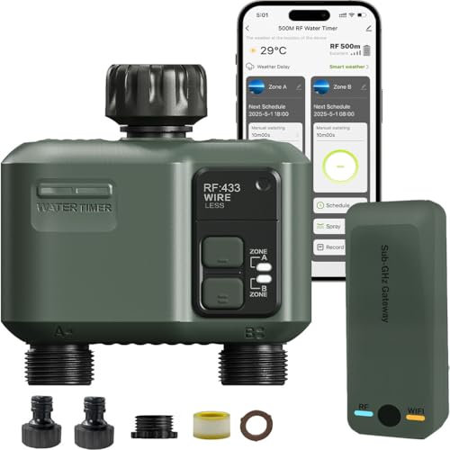 Johgee Bewässerungscomputer WLAN 2 Ausgänge mit 500M RF 433 Technologie, Smart Zeitschaltuhr Bewässerung mit APP, Alexa Sprachsteuerung, 6 Bewässerungsplänen, Automatische Bewässerungsuhr für Garten