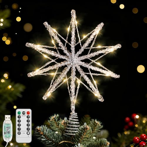 Lewondr Étoile Cime Pour Sapin De Noël 20 LED, 13.8 Pouce Étoile À 10 Pointes En Résine Scintillante, Cime Alimentée Par USB Et Télécommande Pour Décoration Sapin De Noël, Minuterie 6H&8 Modes, Argent