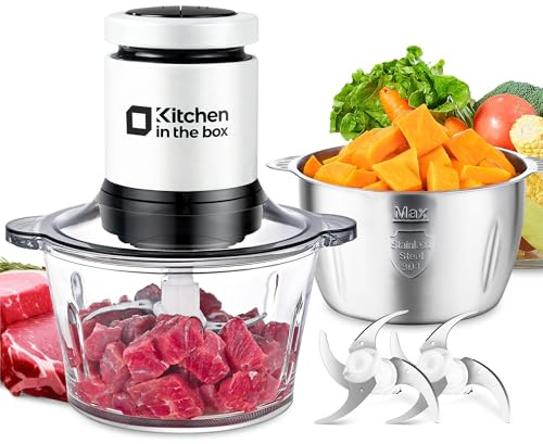 Kitchen in the box Picadora Eléctrica 400W con 2 Velocidades - Acero Inoxidable y Vidrio (Blanco, 2+2 L)
