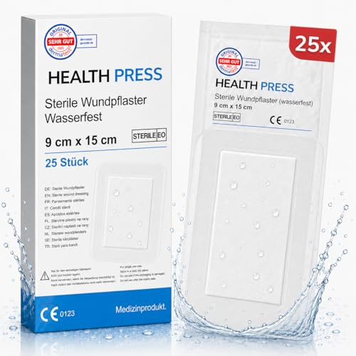 Health Press sterile Wundpflaster, wasserfest, 9 x 15cm, 25 Stück | Steriler Wundverband, Pflaster Set einzeln verpackt, Verbandsmaterial hautfreundlich & sicher haftend