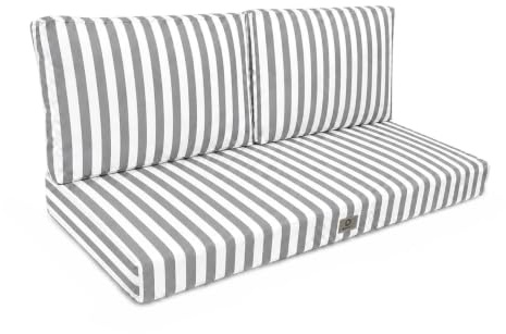 Déco Arts — Lot de 3 Coussins Déhoussables Salon Jardin 120x60 — Assise 120x60 + 2 Dossiers 60x35 cm — Imperméable Anti-UV — Remplacement Mobilier Jardin Terrasse Balcon Véranda — Rayures Gris Clair
