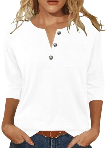 JomeDesign Tshirts Shirts for Women 3/4 Sleeve Tunic Tops Loose Fit White | Summer Outfits V Neck Casual Blouses White XL