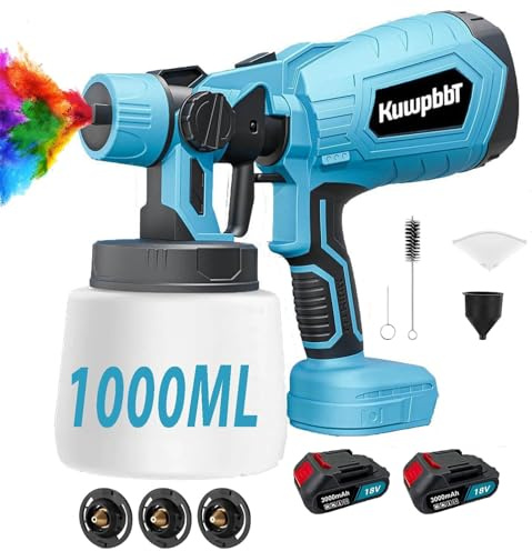 Kabellos 18V Akku Farbsprühsystem, HVLP Lackpistole mit 2×3.0Ah, 1000ml Behälter Farbspritzpistole für Wandfarbe, Zäune, Holzlasur, Möbel, Sprühgerät für Lack, Innen/Außen