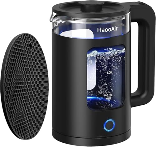 Haooair 1.5-Liter Electric Kettle, Made of Easy-To-Clean Glass Material, Boils Quickly and Silently, BPA-Free, Equipped with a Blue LED Light and a Black Mat, and Features Dry-Burn Protection.