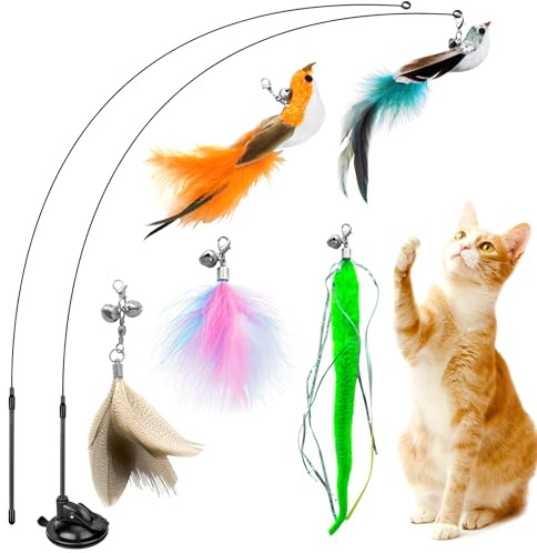 NXPZ 8 Pcs Set di Giocattoli per Gatti, Giochi Interattivi per Gatti, Giocattoli per Gatti da Interno, 3 Giocattoli con Piume, 2 Uccelli Realistici, include Forti Ventose e Bacchette con Pium