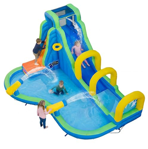 Maxmass Kids Bounce Castle, Inflatable Bounce House Water Park with Long Slide, Basketball Hoop, Climbing Wall, 2 Water Cannons, Splash Pool, Outdoor Children Blow up House for 3-12 Years Old
