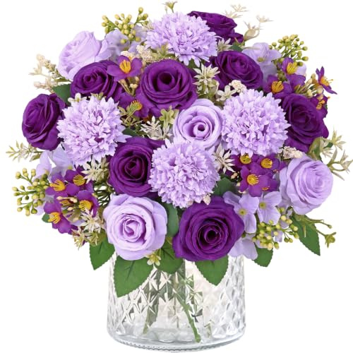 Weldomcor Rosas artificiales, claveles de seda mezclados con flores de cerezo y bayas, ramos de novia vintage realistas para bodas, fiestas, decoración de mesa, decoración del hogar (lila, 2)