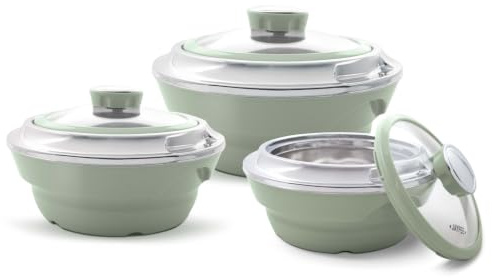 Homsmyth Insulated Casserole Dishes Set of 3 with Glass Lids (1000ml, 1500ml & 2000ml) – Stainless Steel Inner Thermal Food Containers – Hot Pot Serving Dishes for Keeping Food Warm (Green)