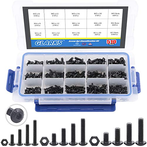 Glarks 510 Stück M3 M4 M5 Zylinderkopfschrauben mit Muttern Sortiment Kit, schwarzes Oxid-Finish (Knopfkopf)