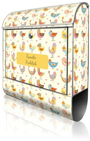 banjado Design Briefkasten personalisiert 38,5x46,5x13cm & 2 Schlüssel - Briefkasten Stahl Silber Zeitungsfach pulverbeschichtet - Postkasten A4 Einwurf inkl. Montagematerial - Motiv Lustige Vögel